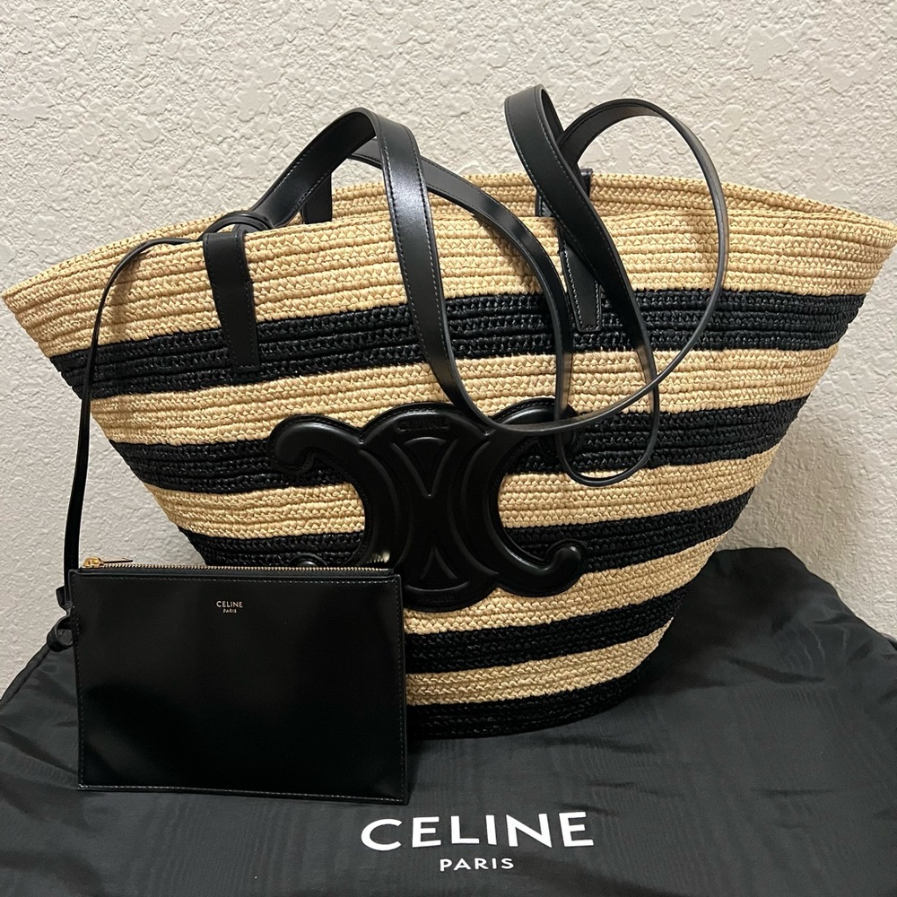 Celine  panier striped raffia calfskin shoulder bag in excellent condition